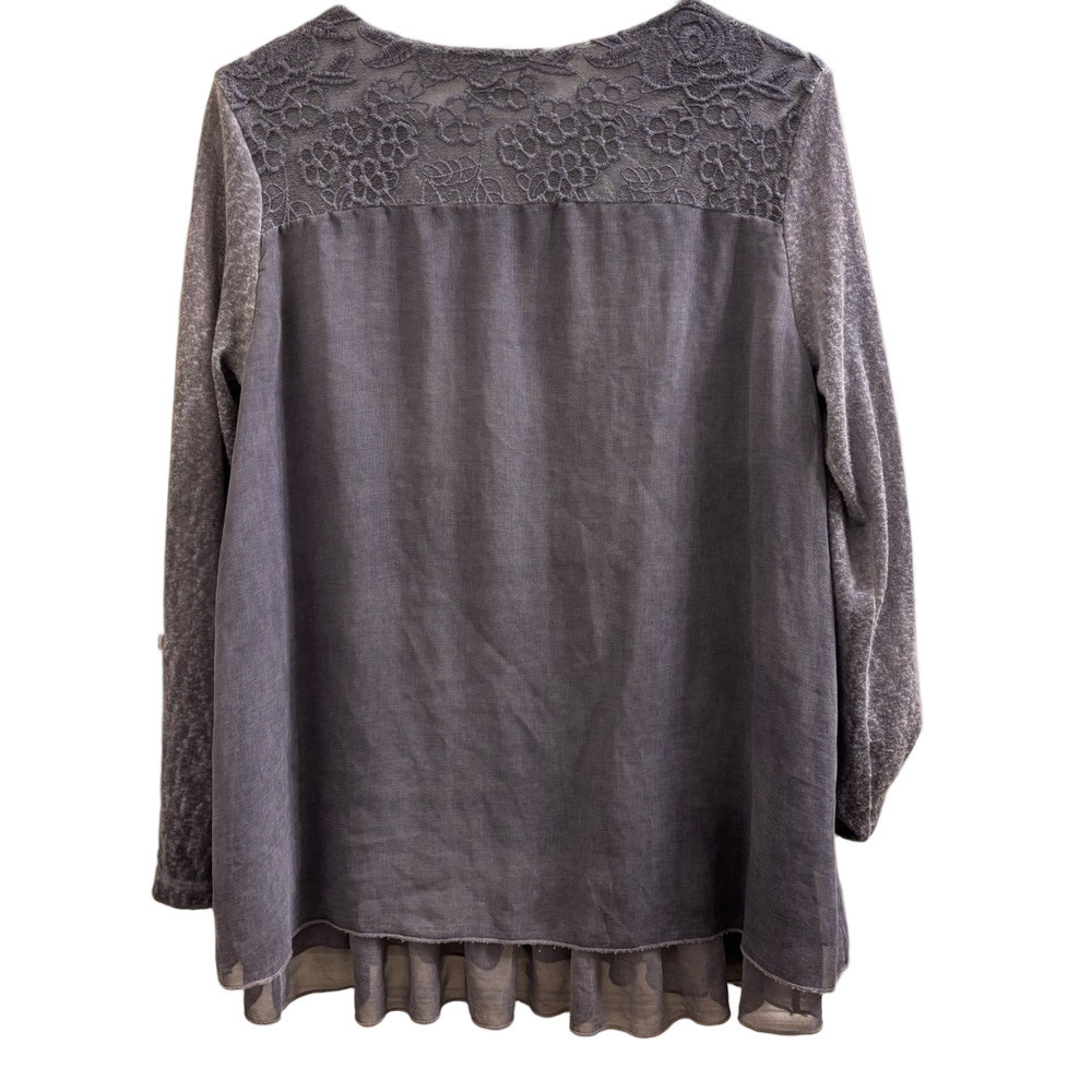 Lisa D. Paris Steely Blue Lace Women’s Top semi sheer roll up sleeves - Picture 8 of 8